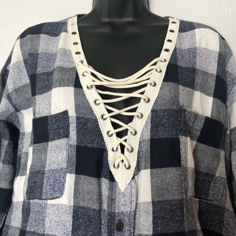 MISS LOVE boho rope neckline plaid shirt blouse M - Picture 2 of 15